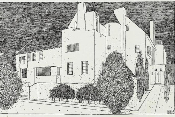 HIll House illustration by Charles Rennie Mackintosh, Architect, from the Studio Yearbook 1907. Public Domain. https://commons.wikimedia.org/wiki/File:The_Hill_House,_Helensburgh_02.jpg